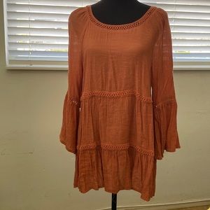 Spense burnt orange peasant blouse with bell sleeves and threaded stripes